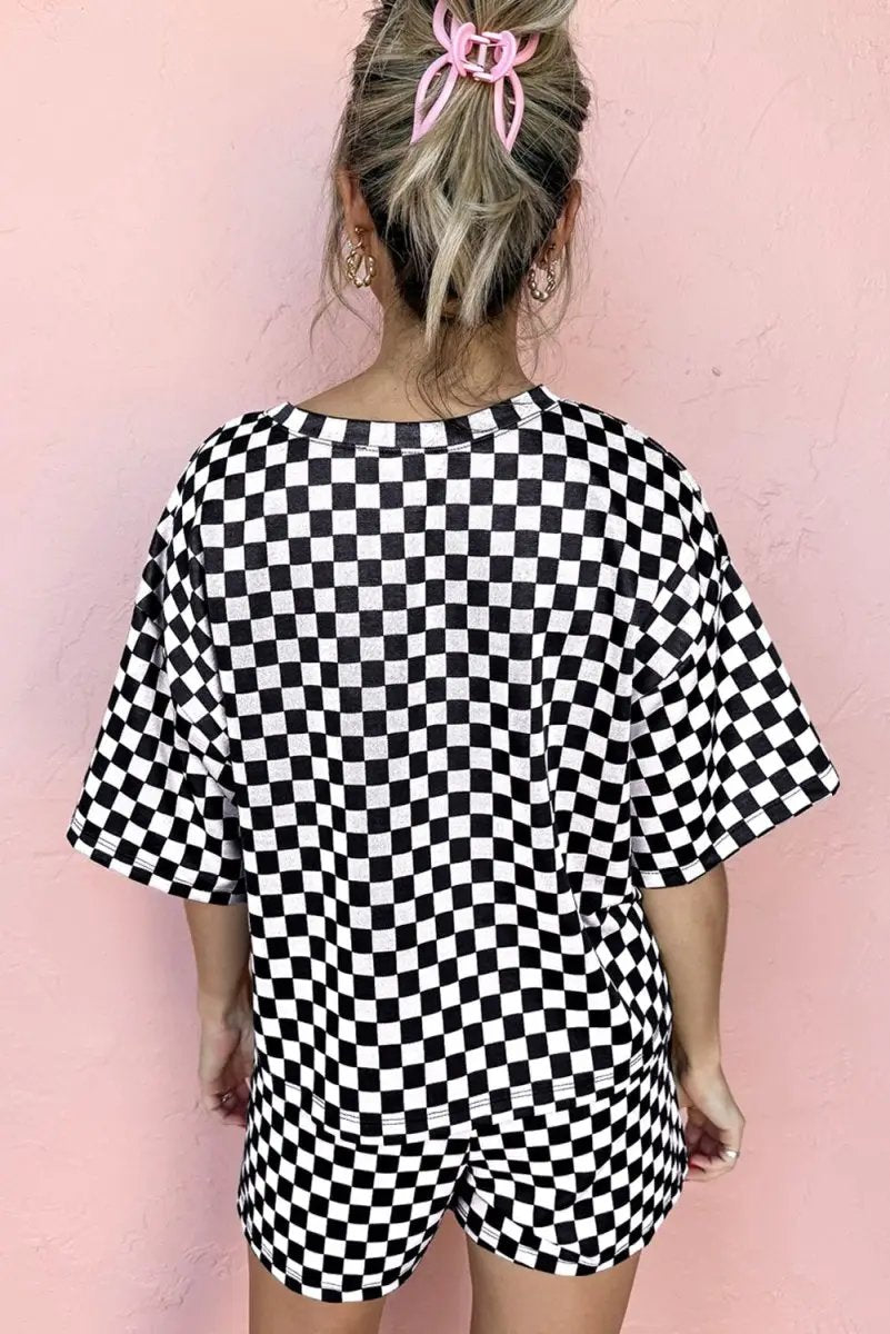 Black Checkered Top and Short Casual 2pcs Set for Women - Love Salve